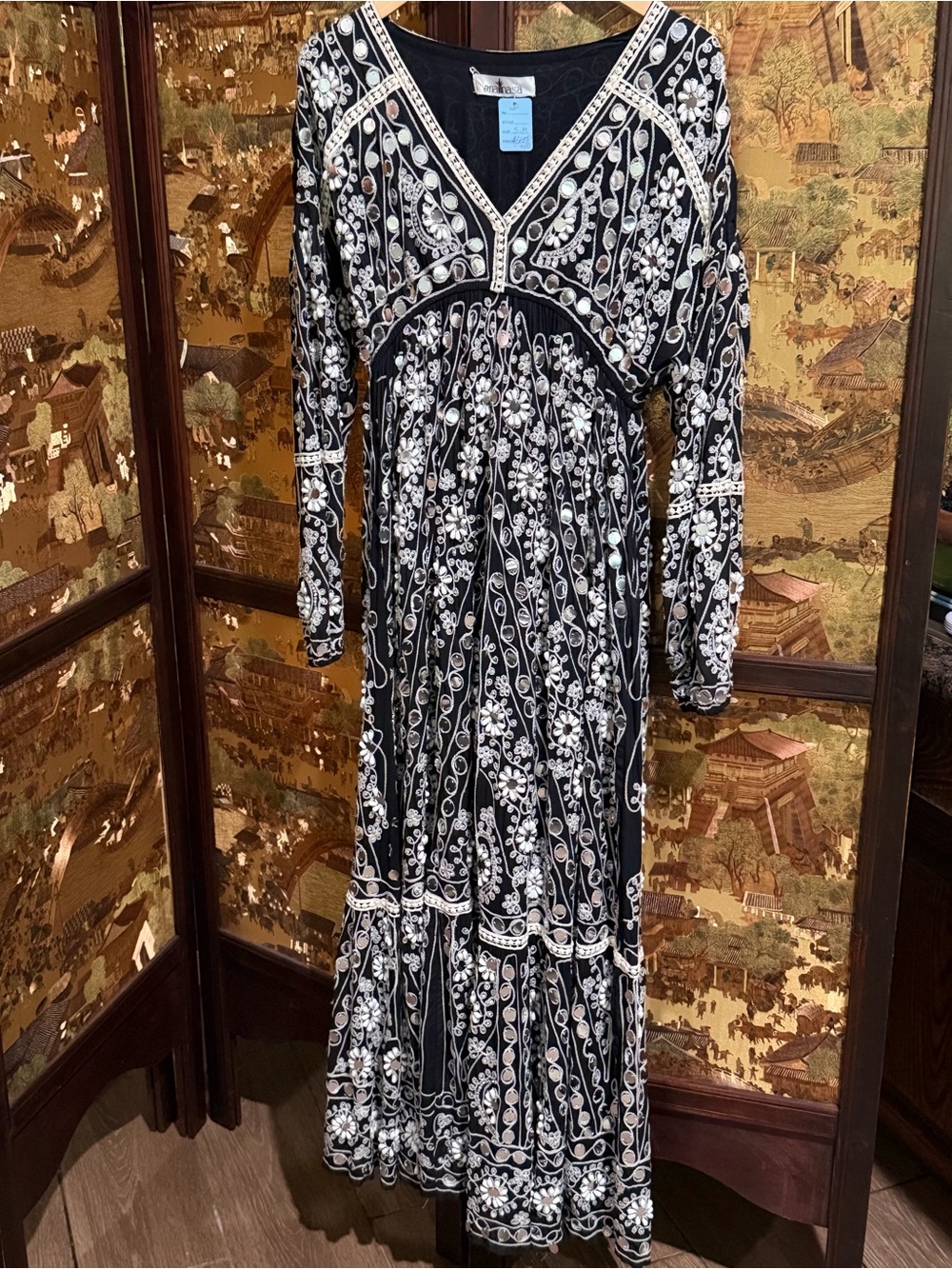 Black & White Embroidered Long Sleeve Maxi Dress